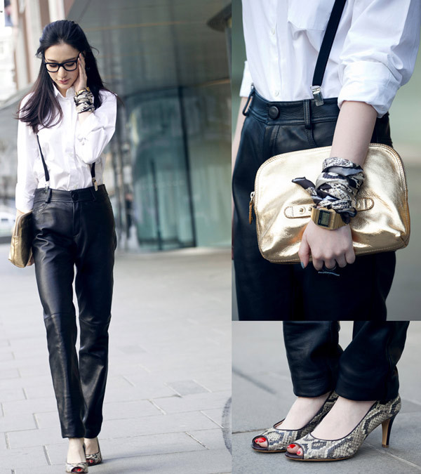 Một vẻ đẹp hoàn toàn mới lạ với quần côn da đen, áo sơ mi cổ đức và giầy cao gót da trăn. Một vẻ đẹp hoàn toàn mới lạ với quần côn da đen, áo sơ mi cổ đức và giầy cao gót da trăn.