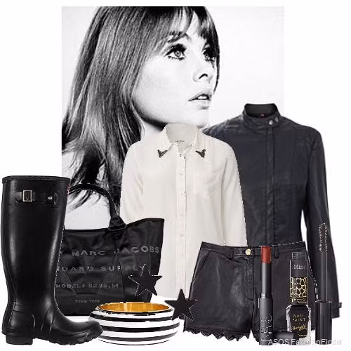 Làm cô nàng rock-chic với với sơmi trắng cổ kim loại, shorts cùng jacker da đen.