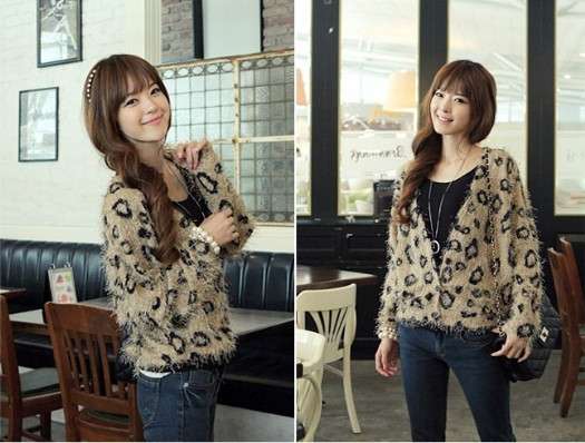 Hàn Quốc là nước hàn đới, do vậy nhiệt độ vào mùa thu cũng tương đối lạnh. Các bạn trẻ ở đây đã khéo léo kết hợp áo khoác len họa tiết da báo để giữ ấm mà vẫn có được vẻ ngoài rất sành điệu như thần tượng.