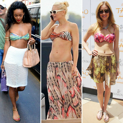 Bikini thay thế những chiếc áo corset cúp ngực, phối cùng những chiếc chân váy ngọt ngào đang “sexy hóa” những con phố. Cô nàng sành điệu Rihana đã kết hợp bikini có họa tiết digital nhiều màu sắc với chân váy lưới trắng. Gwen Stefani thể hiện khía cạnh “hoang dã” trong cô với bikini họa tiết da hổ cùng chiếc váy maxi cạp trễ cùng tông khoe trọn vòng eo và hông gợi cảm. Ngược lại, Whitney Port thì nữ tính với bikini hoa cùng chiếc váy mullet dịu dàng. Còn phong cách nào phù hợp hơn dành cho những kì nghỉ ở biển? Bikini thay thế những chiếc áo corset cúp ngực, phối cùng những chiếc chân váy ngọt ngào đang “sexy hóa” những con phố. Cô nàng sành điệu Rihana đã kết hợp bikini có họa tiết digital nhiều màu sắc với chân váy lưới trắng. Gwen Stefani thể hiện khía cạnh “hoang dã” trong cô với bikini họa tiết da hổ cùng chiếc váy maxi cạp trễ cùng tông khoe trọn vòng eo và hông gợi cảm. Ngược lại, Whitney Port thì nữ tính với bikini hoa cùng chiếc váy mullet dịu dàng. Còn phong cách nào phù hợp hơn dành cho những kì nghỉ ở biển?