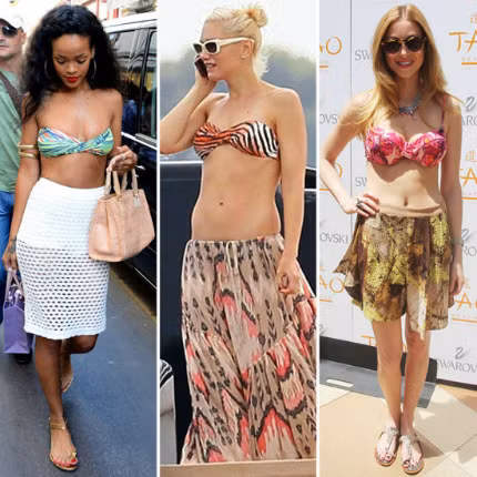 Bikini thay thế những chiếc áo corset cúp ngực, phối cùng những chiếc chân váy ngọt ngào đang “sexy hóa” những con phố. Cô nàng sành điệu Rihana đã kết hợp bikini có họa tiết digital nhiều màu sắc với chân váy lưới trắng. Gwen Stefani thể hiện khía cạnh “hoang dã” trong cô với bikini họa tiết da hổ cùng chiếc váy maxi cạp trễ cùng tông khoe trọn vòng eo và hông gợi cảm. Ngược lại, Whitney Port thì nữ tính với bikini hoa cùng chiếc váy mullet dịu dàng. Còn phong cách nào phù hợp hơn dành cho những kì nghỉ ở biển?