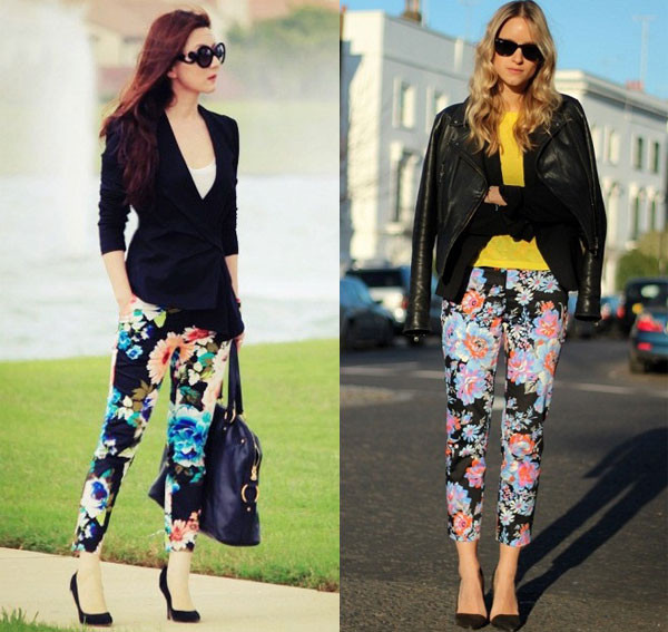 Quần ôm in hoa kết hợp cùng áo blazer và giày cao gót sẽ là một lựa chọn hoàn hảo cho những cô nàng có đôi chân thon thả.