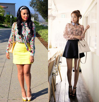 Ngoài ra, nếu bạn muốn trông nữ tính, dịu dàng hơn, hãy kết hợp áo sơ mi in hoa với chân váy ngắn và giày cao gót như thế này.