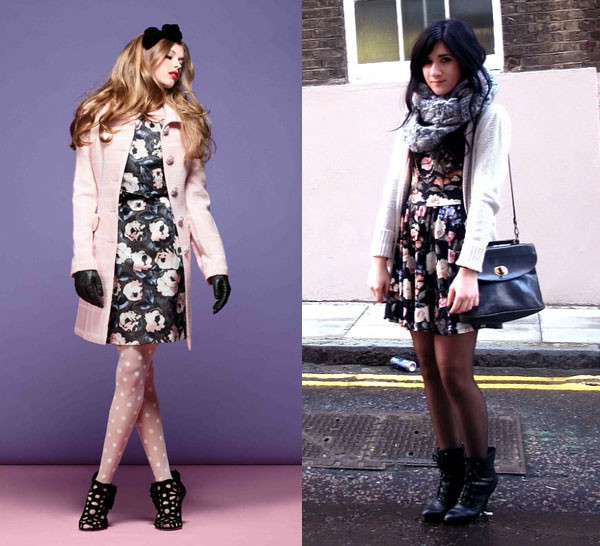 Nếu bạn thích những bộ váy liền với họa tiết hoa lá thì hãy mặc thêm một chiếc áo khoác dáng dài cùng quần tất mỏng và bốt cổ ngắn để vừa ấm áp vừa trông duyên dáng, hấp dẫn hơn.