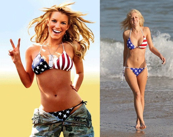 Từ trái qua: ca sĩ Jesssica Simpson và diễn viên Heidi Montag gợi cảm và nổi bật trong bộ bikini sặc sỡ.