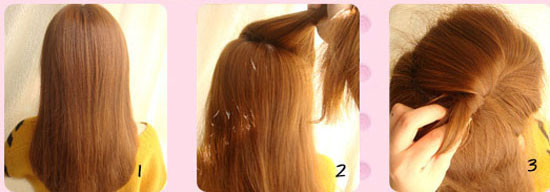 Chải tóc thẳng mượt mà, lấy một ít tóc ở phía đỉnh đầu chếch về phía bên phải sau đó vặn xoắn lại. Chải tóc thẳng mượt mà, lấy một ít tóc ở phía đỉnh đầu chếch về phía bên phải sau đó vặn xoắn lại.