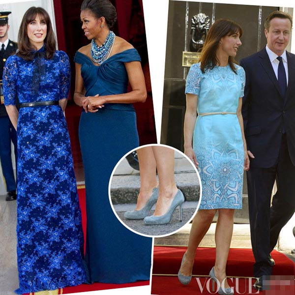 Phu nhân tổng thống Anh David Cameron - bà Samantha Cameron thanh lịch trong chiếc váy xanh của thương hiệu Alessandra Rich và đôi giày của Marchesa.