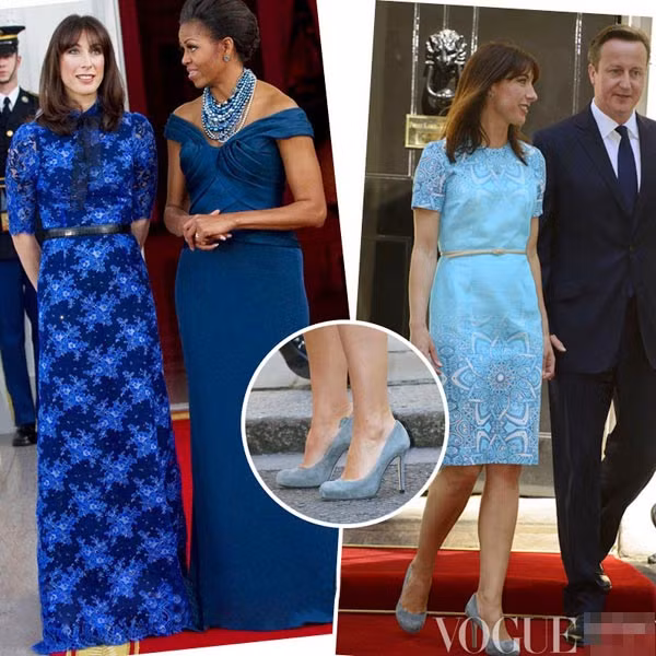Phu nhân tổng thống Anh David Cameron - bà Samantha Cameron thanh lịch trong chiếc váy xanh của thương hiệu Alessandra Rich và đôi giày của Marchesa.