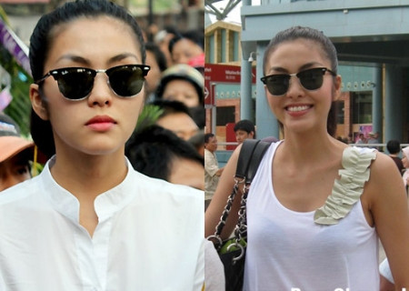 Tăng Thanh Hà rất sành điệu với cặp kính mắt mèo.