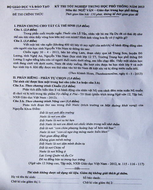 Đề thi môn Ngữ văn kỳ thi tốt nghiệp THPT năm học 2012 - 2013