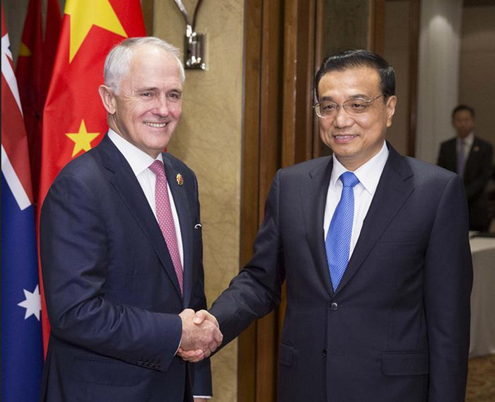 Ngày 21 tháng 11 năm 2015, Thủ tướng Australia Malcolm Turnbull gặp gỡ Thủ tướng Trung Quốc Lý Khắc Cường Ngày 21 tháng 11 năm 2015, Thủ tướng Australia Malcolm Turnbull gặp gỡ Thủ tướng Trung Quốc Lý Khắc Cường