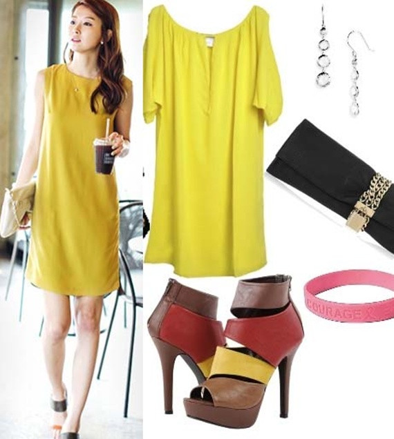 Váy liền màu vàng kết hợp cùng giày cao gót và một số phụ kiên đi kèm.