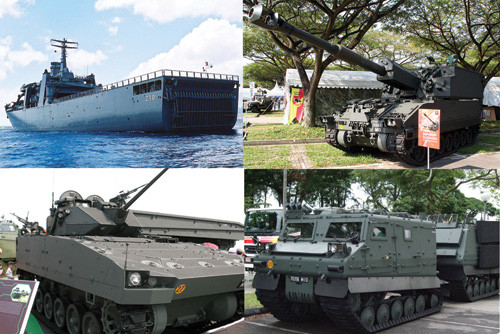Từ trái qua, hàng trên: tàu đổ bộ Endurance, pháo tự hành SSPH Primus. Hàng dưới: xe bọc thép Bionix và Bronco - Ảnh: T.L Từ trái qua, hàng trên: tàu đổ bộ Endurance, pháo tự hành SSPH Primus. Hàng dưới: xe bọc thép Bionix và Bronco - Ảnh: T.L