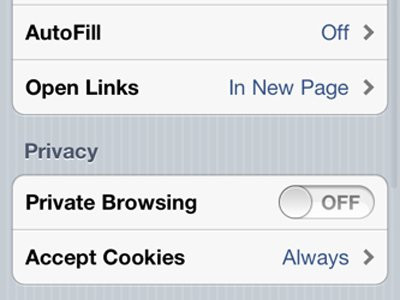 Khởi động chức năng “Private” của Safari: Hãy chắc chắn khi bạn muốn đưa thiết lập này về chế độ duyệt web cá nhân. Vào Settings>Safari rồi thiết lập tùy chọn Private Browsing. Khởi động chức năng “Private” của Safari: Hãy chắc chắn khi bạn muốn đưa thiết lập này về chế độ duyệt web cá nhân. Vào Settings>Safari rồi thiết lập tùy chọn Private Browsing.