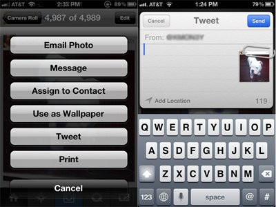 “Tweet” ảnh trực tiếp từ Camera Roll: Chọn lấy một tấm hình trong Camera Roll, nhìn xuống phía dưới bạn sẽ thấy một mũi tên hướng lên. Bấm vào đó, một menu nhỏ hiện ra. Chọn “Tweet”, một menu nữa hiện ra với tấm hình đính kèm ở góc phải. Viết một điều gì đó rồi đưa chúng lên trang tweeter của mình. Thật nhanh chóng phải không nào. “Tweet” ảnh trực tiếp từ Camera Roll: Chọn lấy một tấm hình trong Camera Roll, nhìn xuống phía dưới bạn sẽ thấy một mũi tên hướng lên. Bấm vào đó, một menu nhỏ hiện ra. Chọn “Tweet”, một menu nữa hiện ra với tấm hình đính kèm ở góc phải. Viết một điều gì đó rồi đưa chúng lên trang tweeter của mình. Thật nhanh chóng phải không nào.
