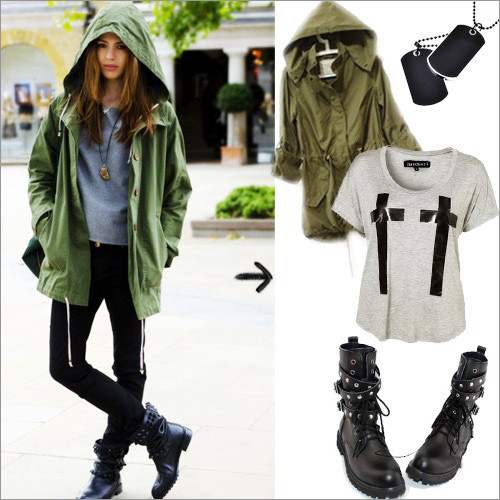 Áo khoác bộ đội và giày ống cao hầm hố làm nên một cặp lý tưởng. Áo khoác bộ đội và giày ống cao hầm hố làm nên một cặp lý tưởng.