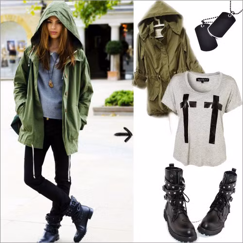 Áo khoác bộ đội và giày ống cao hầm hố làm nên một cặp lý tưởng. Áo khoác bộ đội và giày ống cao hầm hố làm nên một cặp lý tưởng.