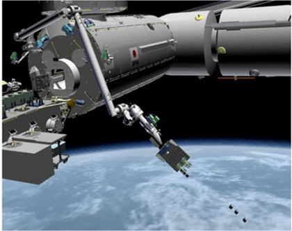 Cánh tay robot của ISS đang giải phóng vệ tinh nhỏ vào vũ trụ Cánh tay robot của ISS đang giải phóng vệ tinh nhỏ vào vũ trụ