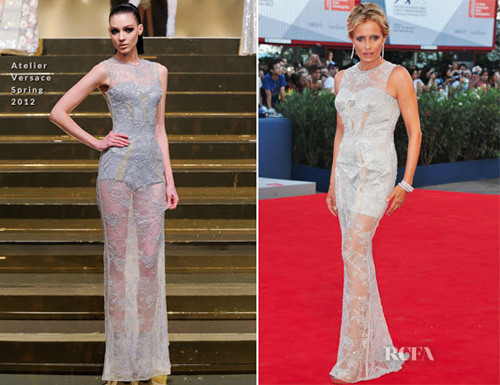 Isabella Ferrari lộng lẫy gợi cảm với bộ đầm ren xuyên thấu của Atelier Versace.