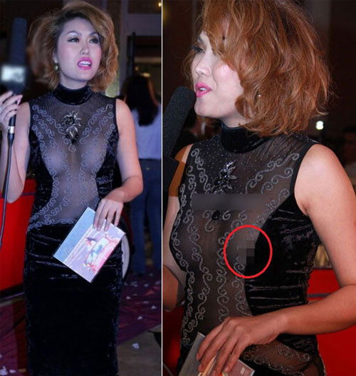 Phi Thanh Vân quá hở hang trong chiếc váy ren này khiến có lúc cô còn bị hớ hênh.