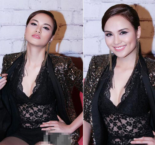 Diễm Hương tự tin khoe vòng một tròn đầy với ren đen.