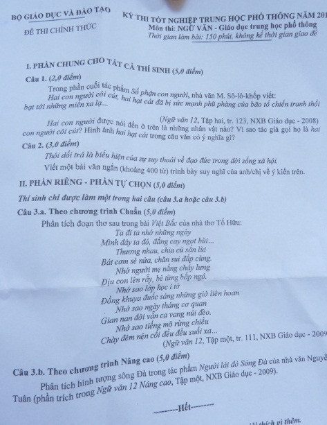 Đề thi tốt nghiệp THPT môn Ngữ văn 2012 Đề thi tốt nghiệp THPT môn Ngữ văn 2012