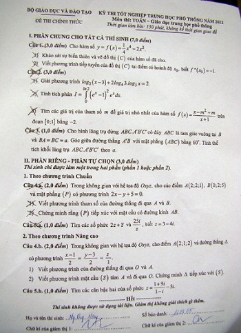 Đề thi tốt nghiệp THPT 2012 - môn Toán Đề thi tốt nghiệp THPT 2012 - môn Toán