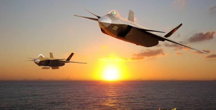 Máy bay chiến đấu J-20 hộ tống cho tàu sân bay Liêu Ninh (dân mạng Trung Quốc tưởng tượng)