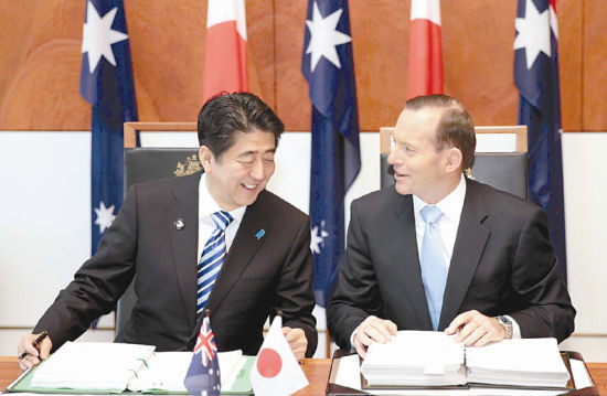 Ngày 8 tháng 7 năm 2014, Thủ tướng Nhật Bản Shinzo Abe và Thủ tướng Australia ký kết thỏa thuận hợp tác kinh tế thương mại và quốc phòng. Ngày 8 tháng 7 năm 2014, Thủ tướng Nhật Bản Shinzo Abe và Thủ tướng Australia ký kết thỏa thuận hợp tác kinh tế thương mại và quốc phòng.