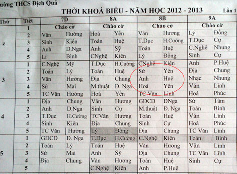 Trong thời khóa biểu, có những ngày cô Yến tiết 2 dạy Sử, tiết 4 dạy Hóa cho cùng 1 lớp. Trong thời khóa biểu, có những ngày cô Yến tiết 2 dạy Sử, tiết 4 dạy Hóa cho cùng 1 lớp.