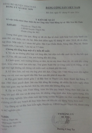 Sau khi nhìn nhận việc phản đối của người dân khi quy hoạch xây dựng Khu nghĩa trang vĩnh hằng Bắc Sơn Hà Tĩnh, ông Dương Công Tự - Bí thư đảng ủy xã Bắc Sơn đã có văn bản báo cáo Huyện ủy Thạch Hà, UBND Thạch Hà để cảnh báo Bắc Sơn có thể thành điểm nóng Sau khi nhìn nhận việc phản đối của người dân khi quy hoạch xây dựng Khu nghĩa trang vĩnh hằng Bắc Sơn Hà Tĩnh, ông Dương Công Tự - Bí thư đảng ủy xã Bắc Sơn đã có văn bản báo cáo Huyện ủy Thạch Hà, UBND Thạch Hà để cảnh báo Bắc Sơn có thể thành điểm nóng