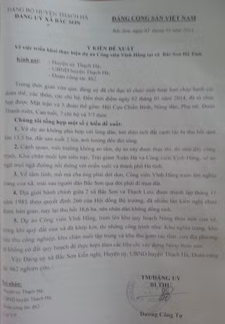 Sau khi nhìn nhận việc phản đối của người dân khi quy hoạch xây dựng Khu nghĩa trang vĩnh hằng Bắc Sơn Hà Tĩnh, ông Dương Công Tự - Bí thư đảng ủy xã Bắc Sơn đã có văn bản báo cáo Huyện ủy Thạch Hà, UBND Thạch Hà để cảnh báo Bắc Sơn có thể thành điểm nóng