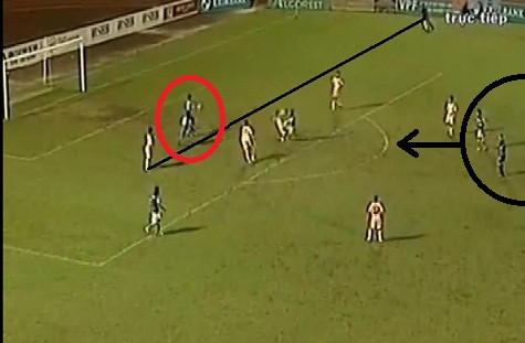 Tình huống Oseni (vòng tròn đỏ) đã việt vị rõ ràng khi đứng dưới cặp trung vệ của SHB Đà Nẵng, lúc đó trọng tài Hoàng Anh Tuấn (vòng tròn đen) vẫn có khoảng trống tốt để quan sát. Tình huống Oseni (vòng tròn đỏ) đã việt vị rõ ràng khi đứng dưới cặp trung vệ của SHB Đà Nẵng, lúc đó trọng tài Hoàng Anh Tuấn (vòng tròn đen) vẫn có khoảng trống tốt để quan sát.