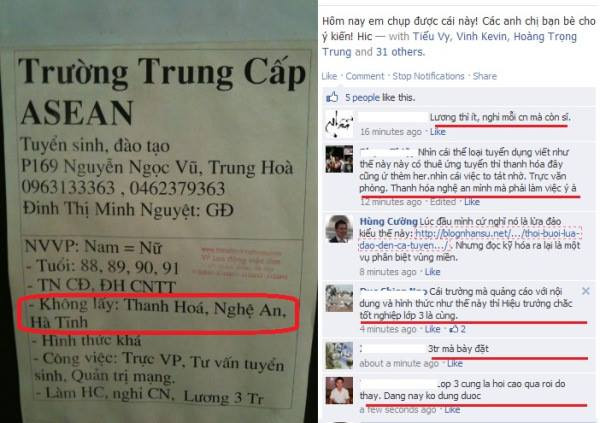 Thông báo tuyển dụng nhân sự phân biệt vùng miền gây bức xúc được cho là của Trường trung cấp Asean. Thông báo tuyển dụng nhân sự phân biệt vùng miền gây bức xúc được cho là của Trường trung cấp Asean.