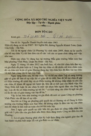 Đơn khiếu nại của gia đình cháu Vy gửi tới Báo Giáo dục Việt Nam.