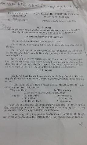 Quyết định nâng tổng mức đầu tư Công trình nâng cấp, sửa chữa đập Khe Sâu của UBND tỉnh Nghệ An nhưng đến nay ngân sách vẫn chưa được chi trả hết (ảnh Xuân Hòa) Quyết định nâng tổng mức đầu tư Công trình nâng cấp, sửa chữa đập Khe Sâu của UBND tỉnh Nghệ An nhưng đến nay ngân sách vẫn chưa được chi trả hết (ảnh Xuân Hòa)