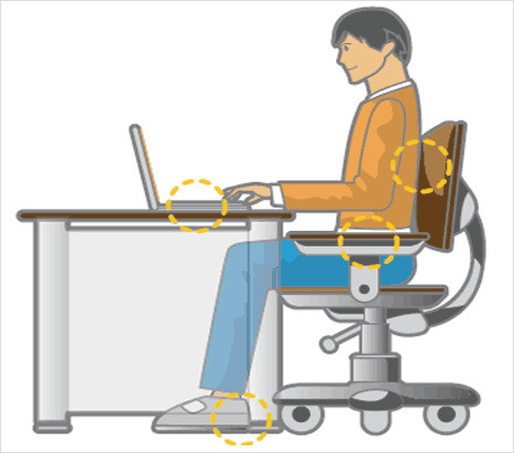 Biện pháp đối phó: Duy trì tư thế ngồi đúng khi sử dụng máy tính. Hãy để bàn chân chạm đất khi ngồi, thỉnh thoảng thay đổi tư thế để thư giãn. Không nên đặt nhiều vật dụng ở phía dưới bàn gây hạn chế cho không gian hoạt động của chân. Biện pháp đối phó: Duy trì tư thế ngồi đúng khi sử dụng máy tính. Hãy để bàn chân chạm đất khi ngồi, thỉnh thoảng thay đổi tư thế để thư giãn. Không nên đặt nhiều vật dụng ở phía dưới bàn gây hạn chế cho không gian hoạt động của chân.