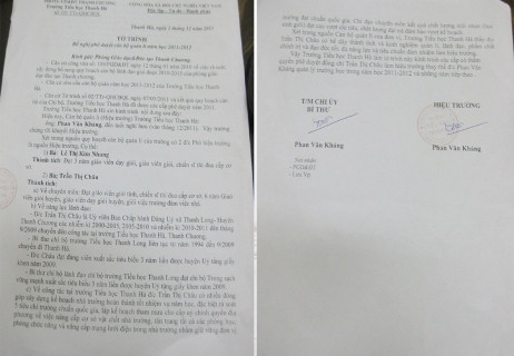 Tờ trình thầy Phan Văn Kháng - nguyên là hiệu trưởng trường tiểu học Thanh Hà nay đã nghỉ hưu gửi phòng giáo dục đào tao huyện Thanh Chương để bổ nhiệm nguồn nhân sự