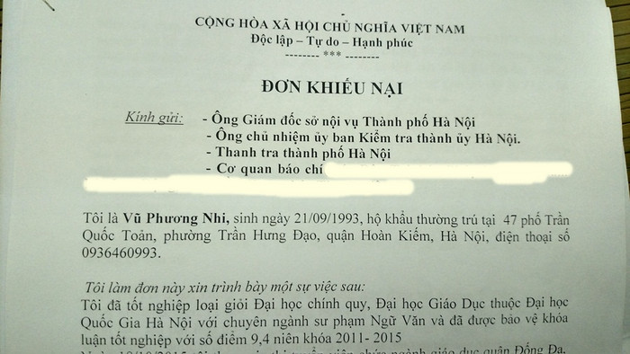 Đơn khiếu nại của thí sinh Vũ Phương Nhi. Đơn khiếu nại của thí sinh Vũ Phương Nhi.
