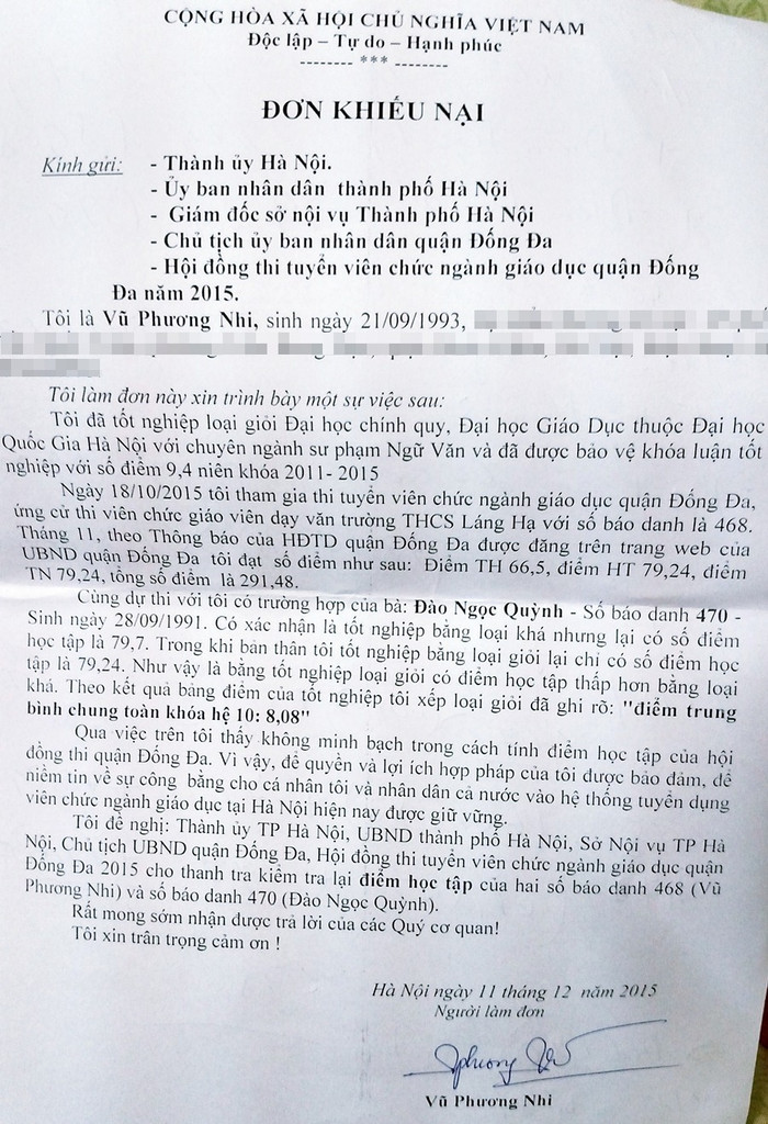Đơn của thí sinh Vũ Phương Nhi gửi các cơ quan chức năng cầu cứu.