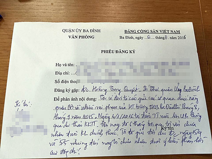 Đã nhiều lần cô M.H đăng ký để gặp lãnh đạo cấp cao của Q. Ba Đình nhưng chưa lần nào được hồi âm. Đã nhiều lần cô M.H đăng ký để gặp lãnh đạo cấp cao của Q. Ba Đình nhưng chưa lần nào được hồi âm.