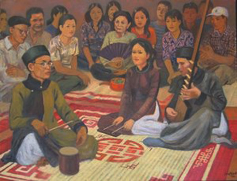 Một chầu hát cần có ba thành phần chính: Một nữ ca sĩ (gọi là "đào" hay "ca nương") sử dụng bộ phách gõ lấy nhịp; Một nhạc công nam giới (gọi là "kép") chơi đàn đáy phụ họa theo tiếng hát; Người thưởng ngoạn (gọi là "quan viên", thường là tác giả bài hát) đánh trống chầu chấm câu và biểu lộ chỗ đắc ý bằng tiếng trống (Ảnh: Internet).