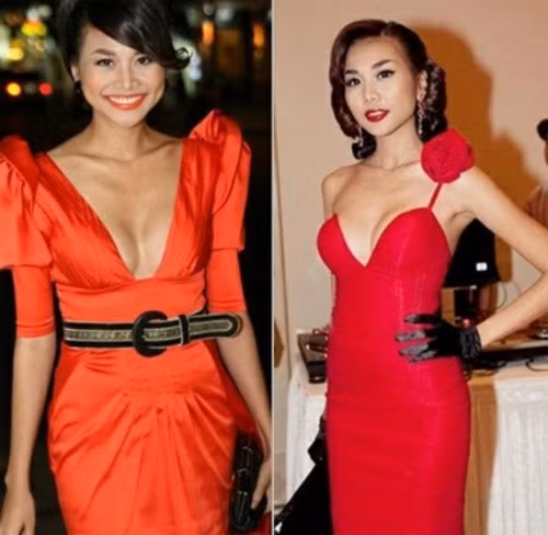 Siêu mẫu Thanh Hằng lựa chọn bộ đồ màu đỏ khoe vòng một quyến rũ.