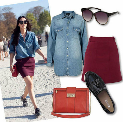 Áo denim với chân váy bó, tại sao không?