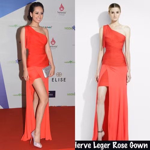 Nổi bật trên thảm đỏ với đầm xẻ vạt của Herve Leger và giày Christian Louboutin.