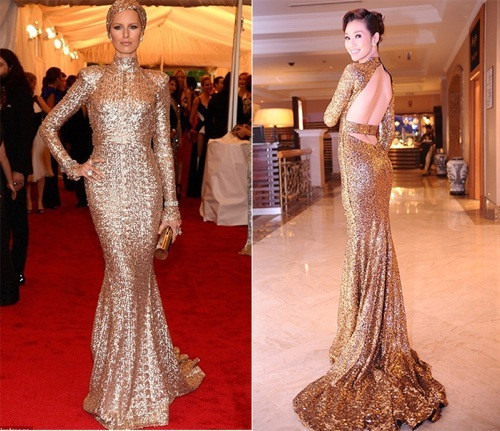 Vì thế cô chọn một mẫu váy được nhái lại từ thiết kế của Rachel Zoe, do người mẫu Karolina Kurkova mặc tại Met Ball 2012. Vì thế cô chọn một mẫu váy được nhái lại từ thiết kế của Rachel Zoe, do người mẫu Karolina Kurkova mặc tại Met Ball 2012.