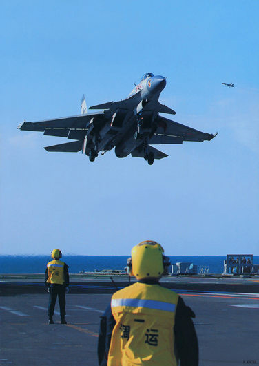 Máy bay chiến đấu J-15 hạ cánh trên tàu sân bay Liêu Ninh (nguồn Thời báo Hoàn Cầu, TQ)