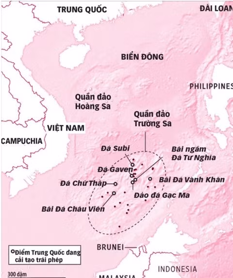 Vị trí các bãi đá Gaven, Chữ Thập, Vành Khăn thuộc quần đảo Trường Sa của Việt Nam trên Biển Đông (ảnh nguồn: Tuổi trẻ Online)