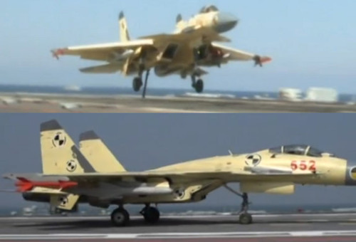 Máy bay chiến đấu J-15 Trung Quốc huấn luyện cất hạ cánh trên tàu sân bay Liêu Ninh Máy bay chiến đấu J-15 Trung Quốc huấn luyện cất hạ cánh trên tàu sân bay Liêu Ninh