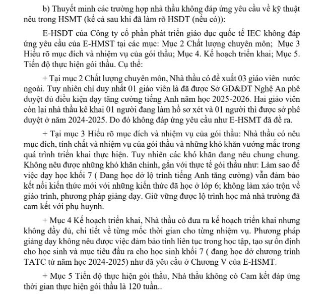 Phần thuyết minh nguyên nhân Công ty Cổ phần Phát triển Giáo dục quốc tế IEC không đáp ứng yêu cầu kỹ thuật. Ảnh chụp màn hình image-36-8836.jpg